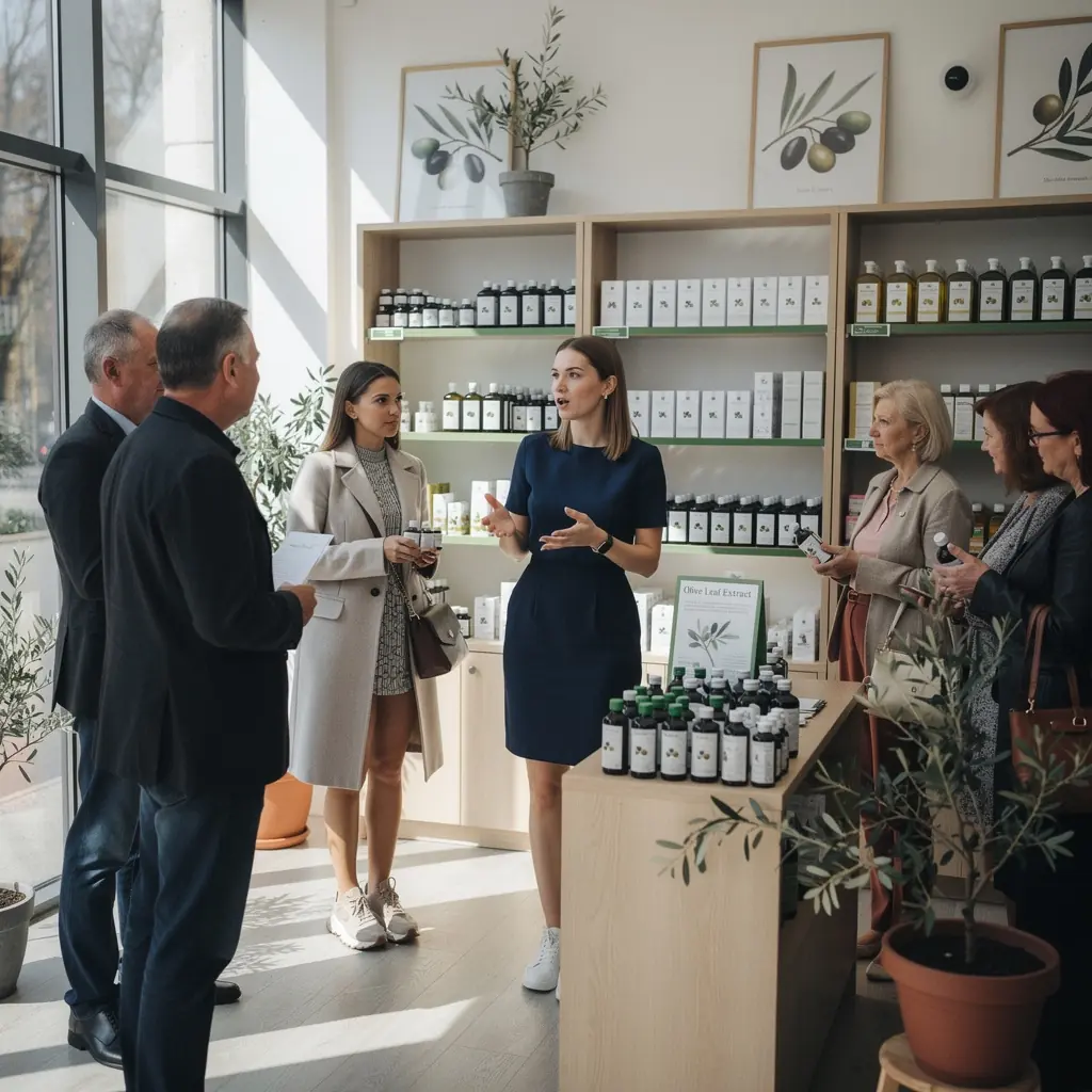 Alyvuogių lapų ekstraktas, vaizduojantis žalios spalvos skysčio buteliuką, simbolizuojantį širdies sveikatą.